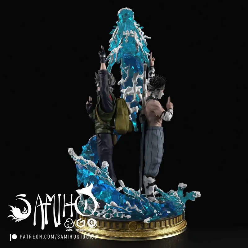 Kakashi and Zabuza Naruto action diorama with blue water effects