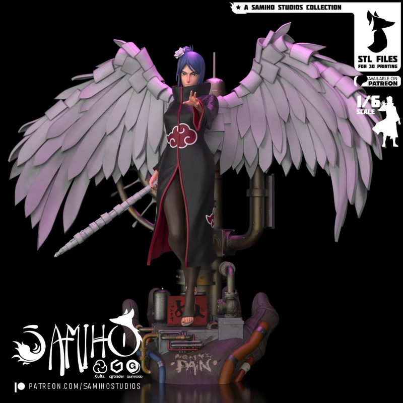Konan from Naruto in an Akatsuki cloak with large layered wings on an industrial base