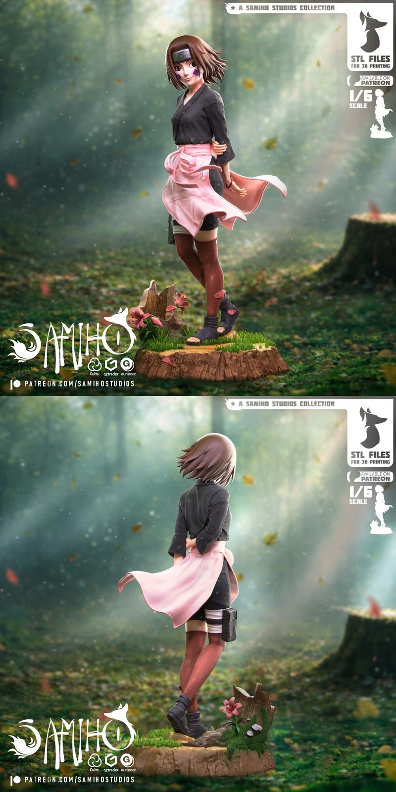Rin Nohara Naruto character statue with a pink sash on a woodland base