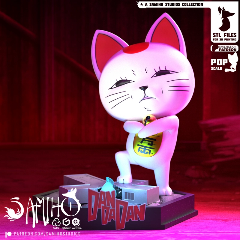 Turbo Granny from Dandadan as a stylized white cat-like figure on a display base