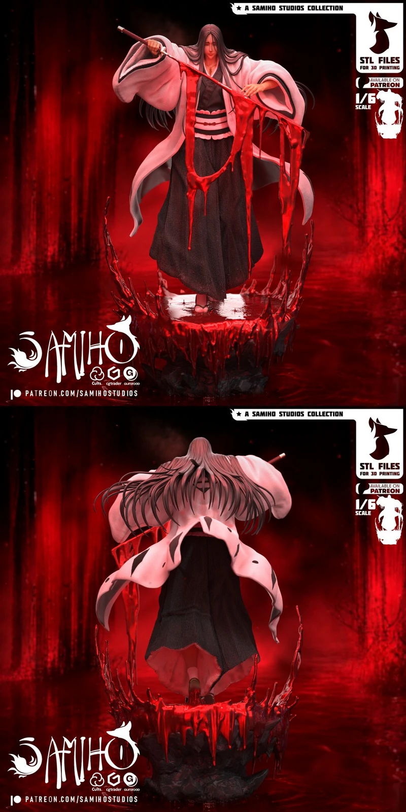 Unohana Retsu Bleach statue with flowing hair, robes, blade, and red base