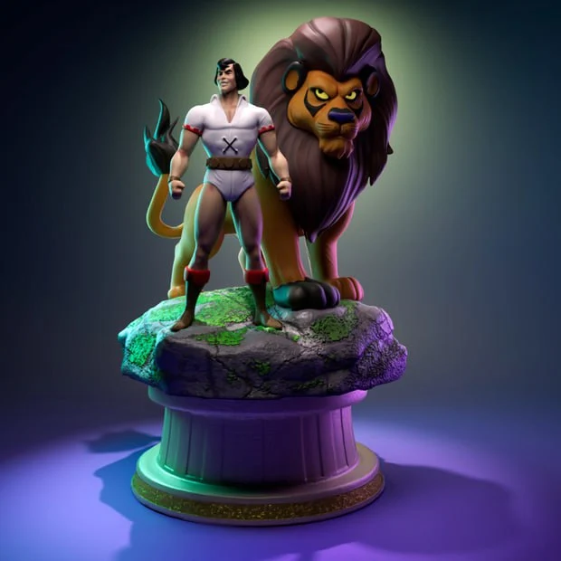Stylized biblical male figure standing beside a lion on a rocky pedestal