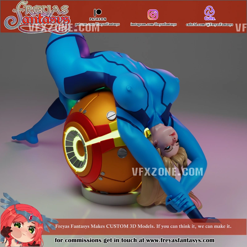 Samus Aran in blue armor posed over an orange sci-fi sphere