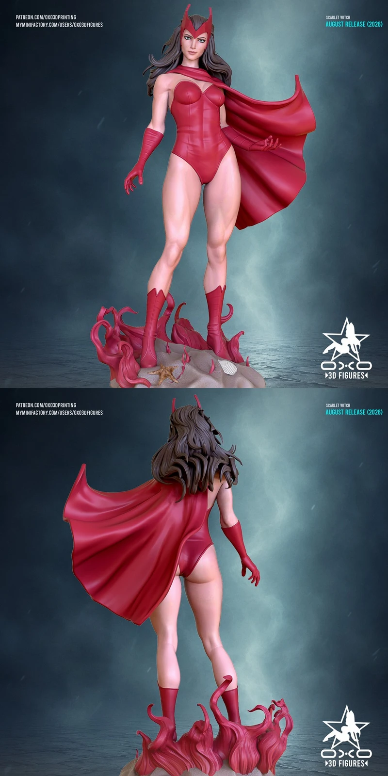 Scarlet Witch figure in a red costume with flowing cape and sculpted base