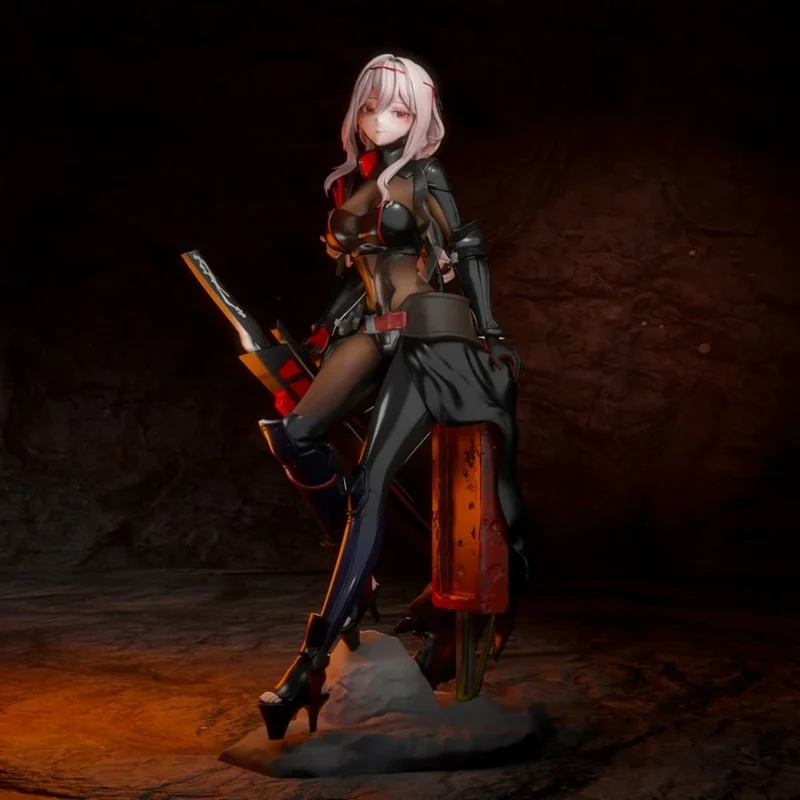 Scarlet Black female warrior figure with pale hair, dark armor, sword, and base