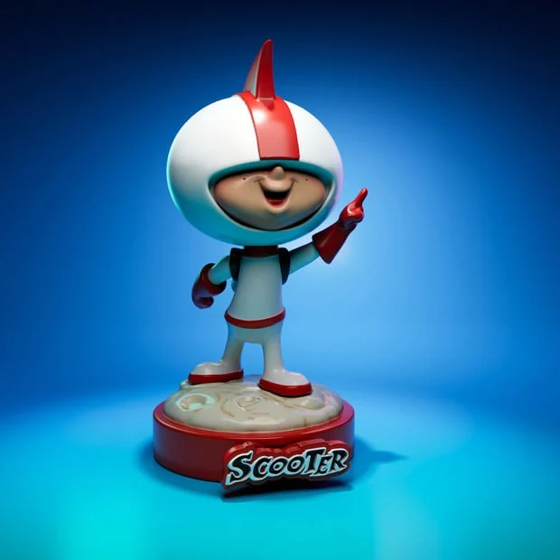 Scooter original character figure with a white helmet and red crest on a labeled pedestal