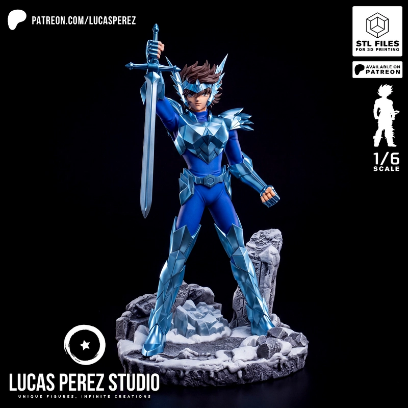 Seiya in blue Odin Armor holding a sword on an icy rocky base