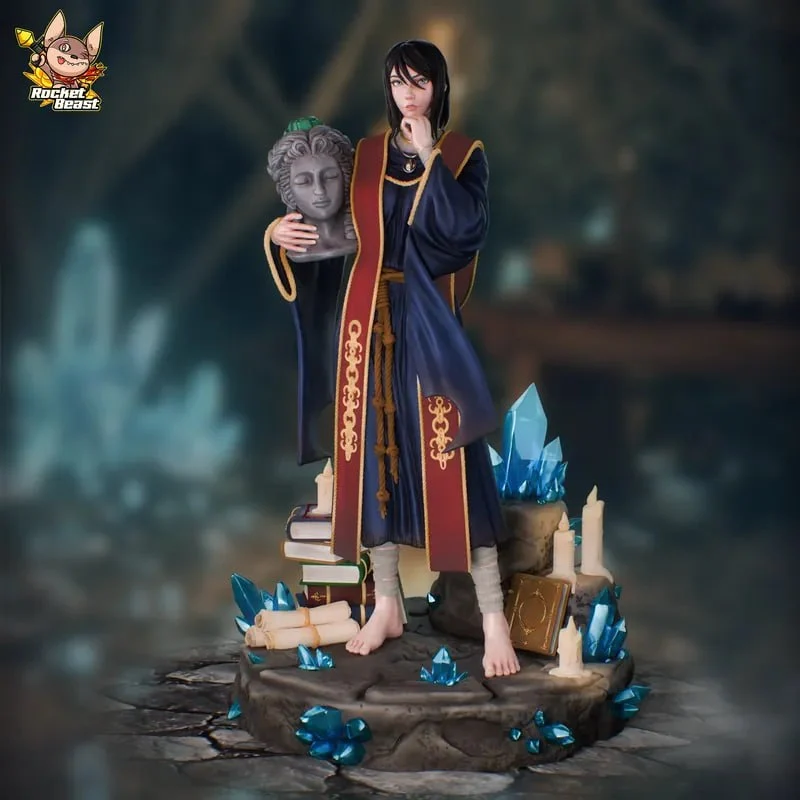 Sellen from Elden Ring figure in blue and red robes on a crystal-filled base