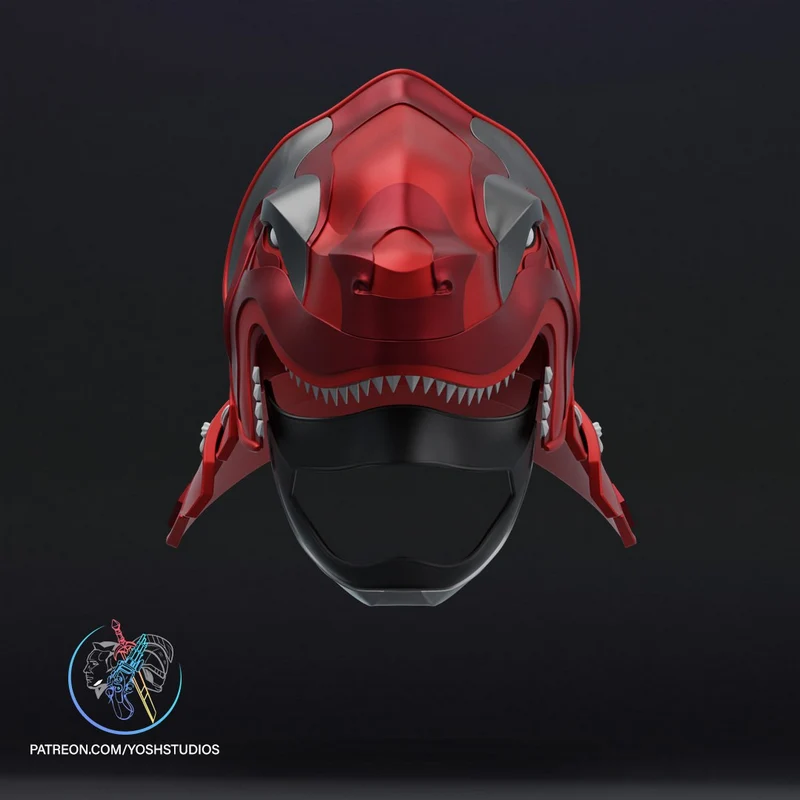 Red and black Sengoku ranger mask with pointed teeth and armored side details