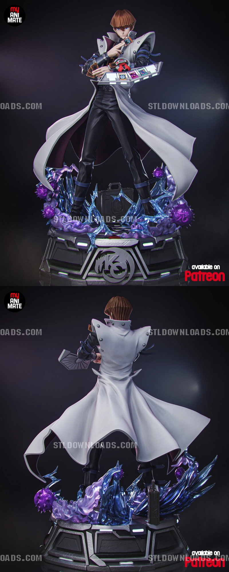 Seto Kaiba Yu-Gi-Oh! figure in a white coat with Duel Disk on an effects display base