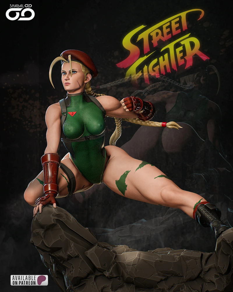 Cammy from Street Fighter in a dynamic pose on a rocky base