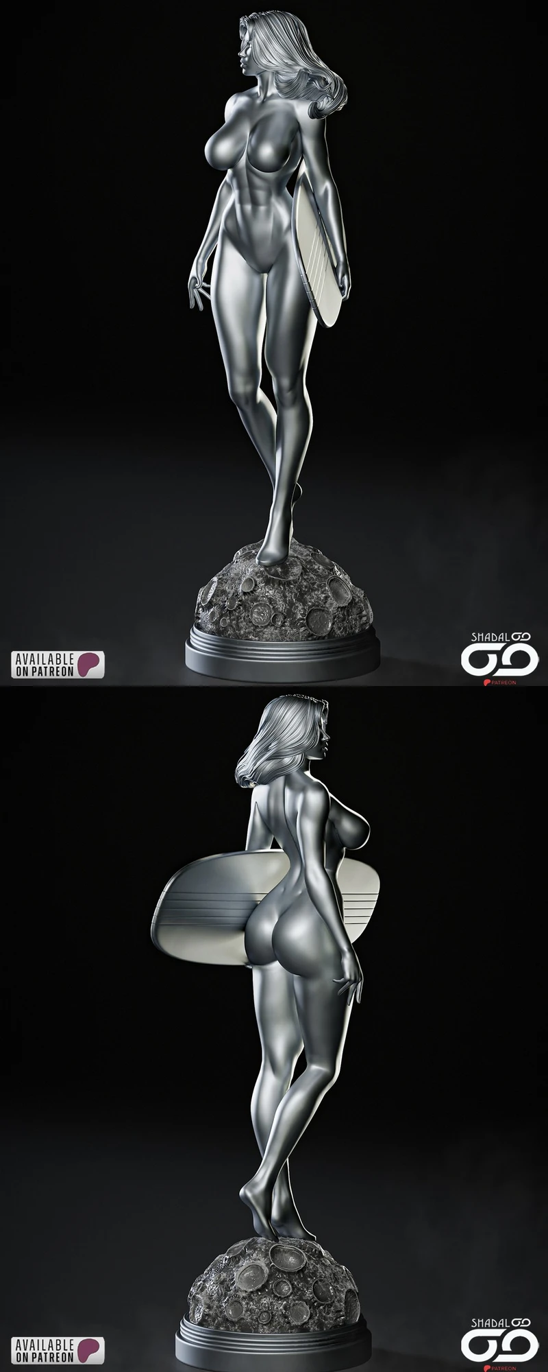 Shalla-Bal Marvel silver female figure with flowing hair, board-like accessory, and round display base