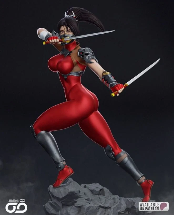 Taki from Soulcalibur holding two swords in a red ninja outfit