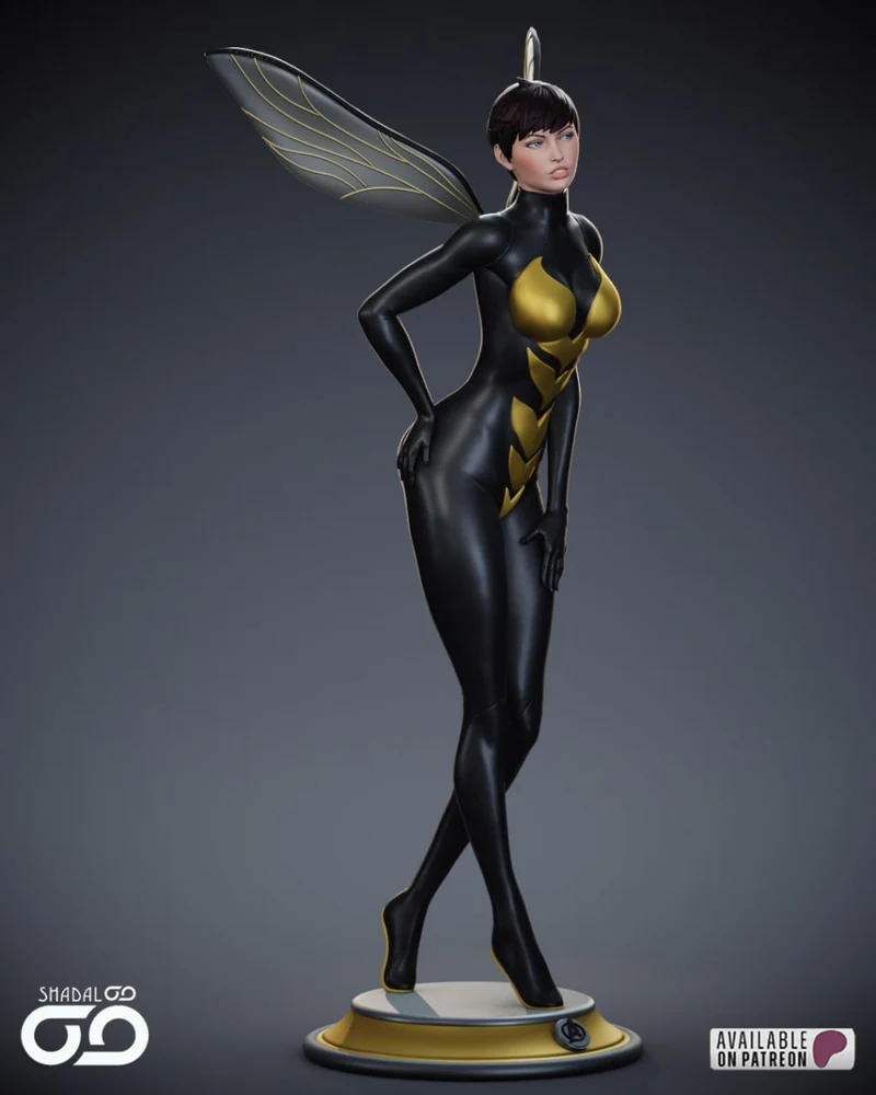 Marvel Wasp 3D figure in a black and yellow suit with wings on a display base