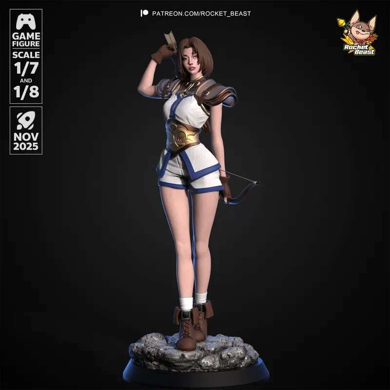 Standing female character figure with a bow on a rocky display base