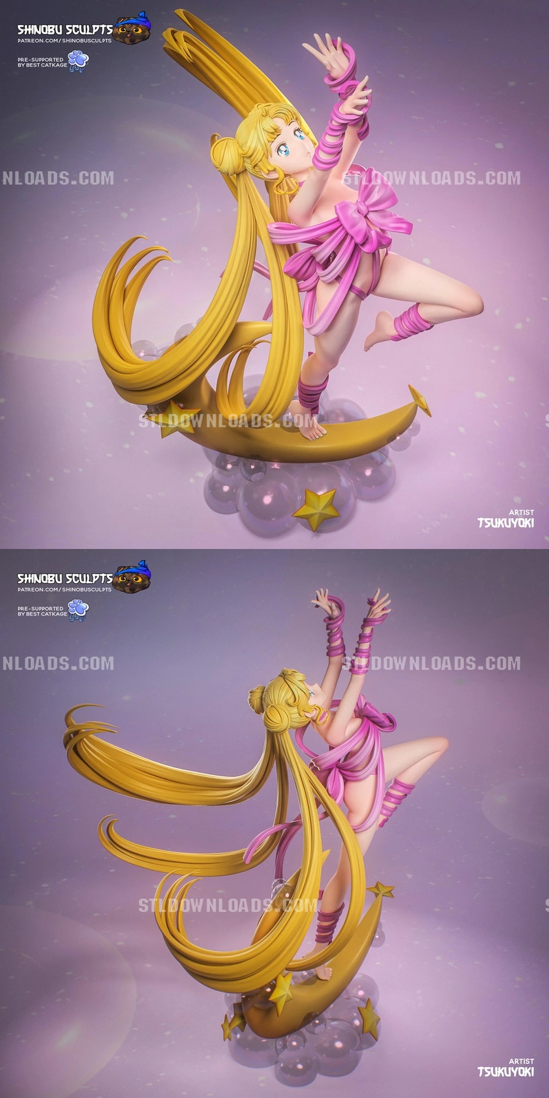 Usagi Tsukino Sailor Moon statue with flowing blonde hair and crescent moon base