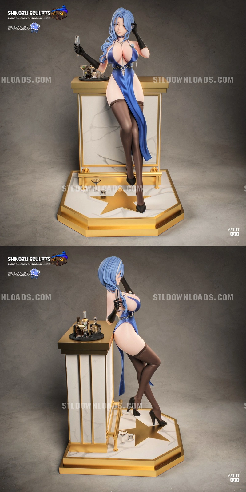 Helen original character figure with blue hair, blue dress, and bar display