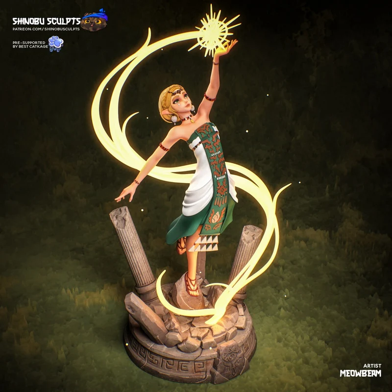Princess Zelda statue in green dress with glowing ribbons on a stone pedestal