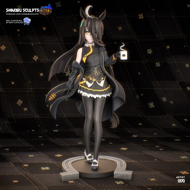 Manhattan Cafe Uma Musume figure holding a coffee mug on a display base