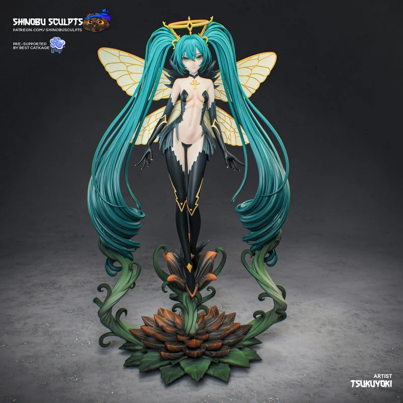 Stylized Hatsune Miku fairy statue with turquoise hair, wings, and floral base