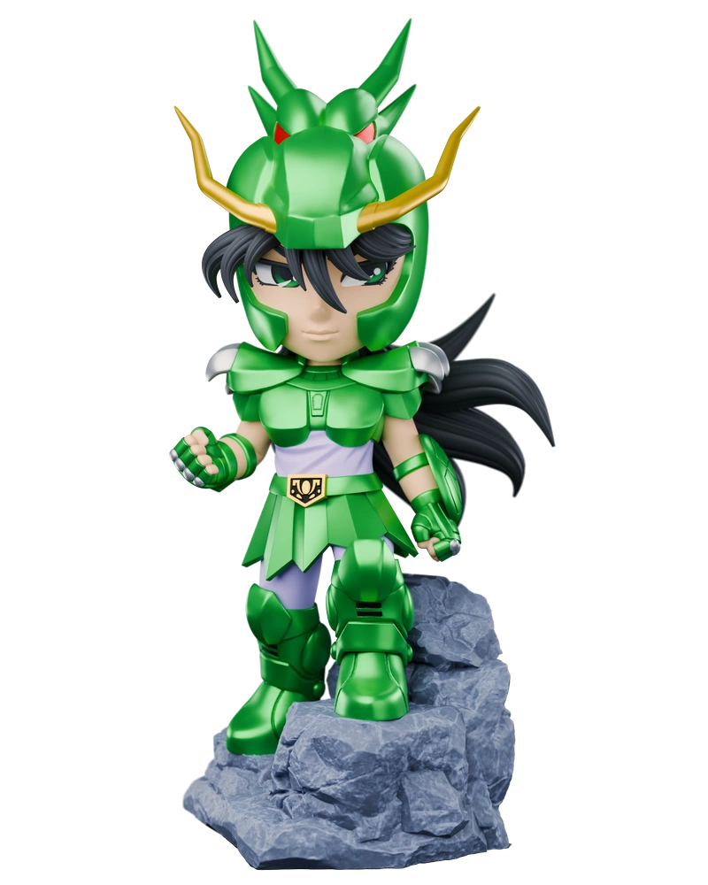 Chibi Shiryu Saint Seiya figure in green armor on a rocky base