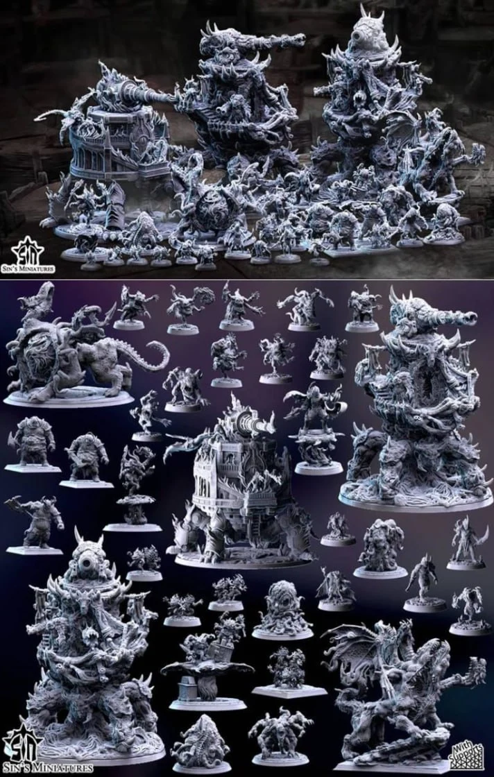 Original fantasy demonic siege miniatures with monsters and ornate structures