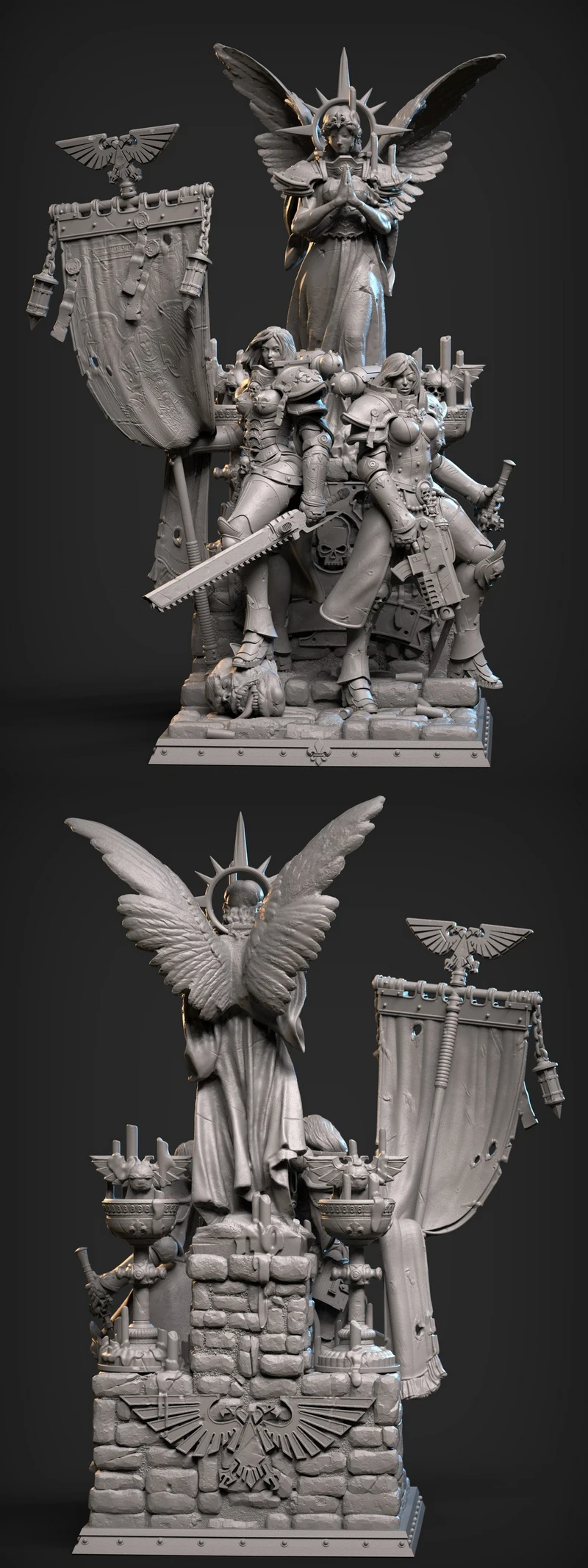 Sis Diorama fantasy sculpture with armored figures and a winged guardian