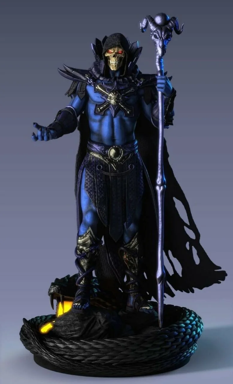 Skeletor character figure with skull face, staff, cape, and detailed base