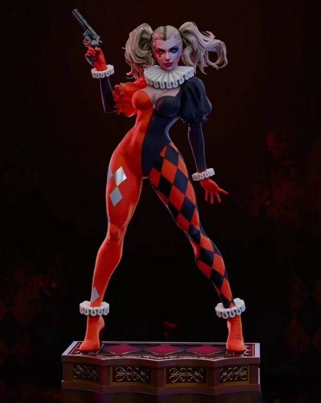 Harley Quinn 3D figure with split-color costume, raised pistol, and ornate pedestal