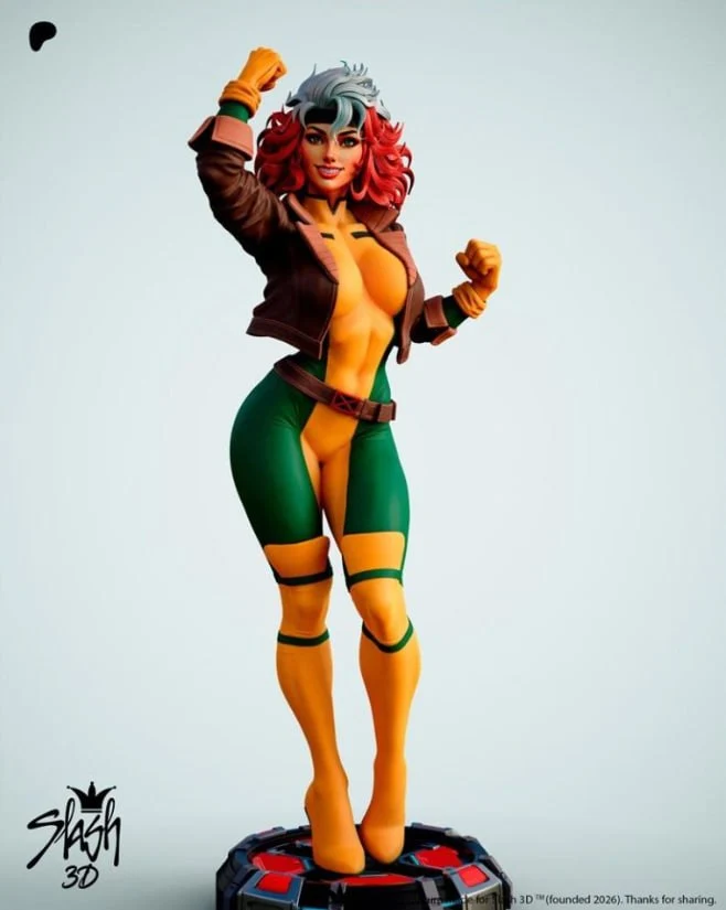 Marvel Rogue figurine with raised fists on a display base