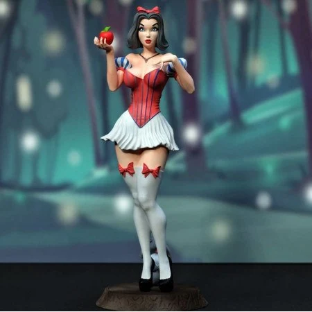Snow White figurine holding a red apple, wearing a red bow, white skirt and boots on a display base