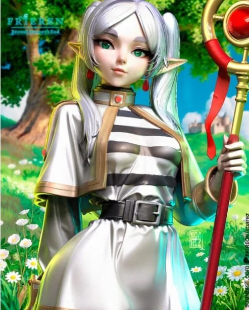 Frieren elf character figure with pale hair, striped outfit and ornate staff