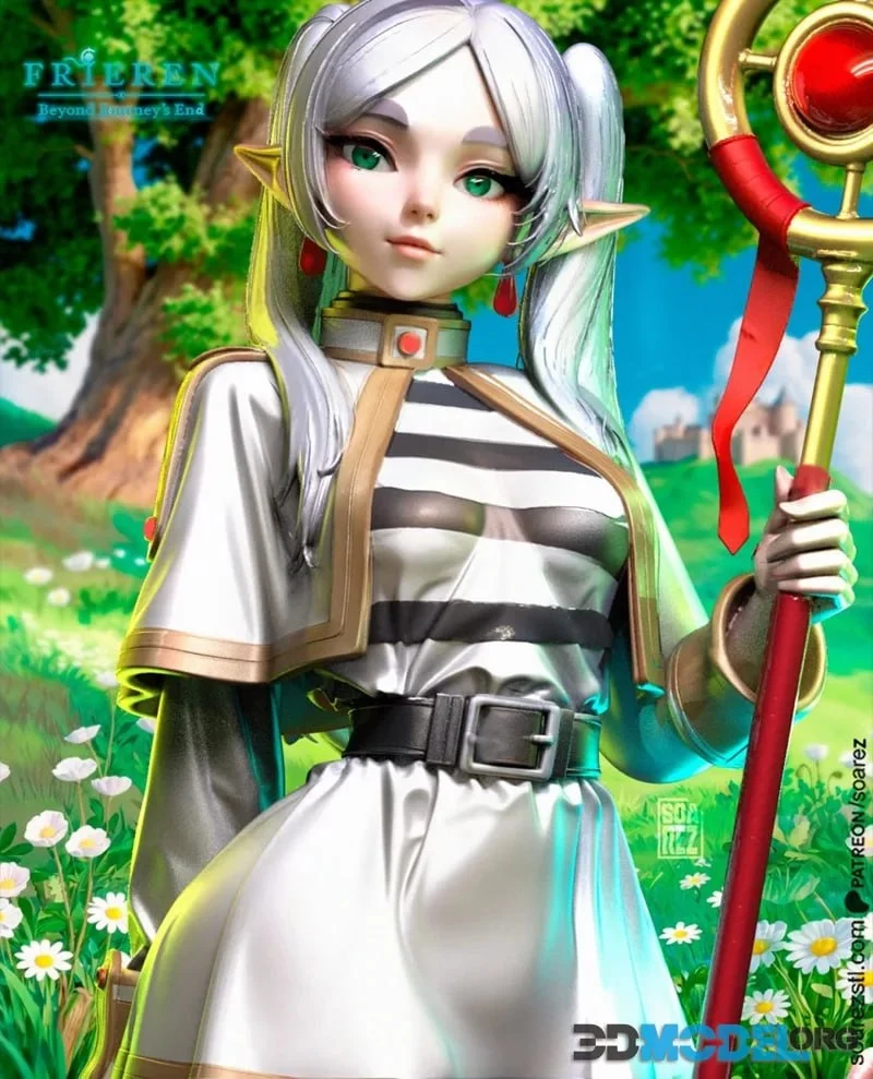 Frieren character figure with silver hair, pointed ears, striped dress, and red staff
