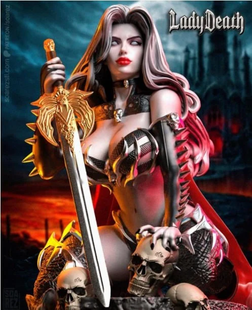 Lady Death Chaos Comics figure with sword, armor, spikes and skulls