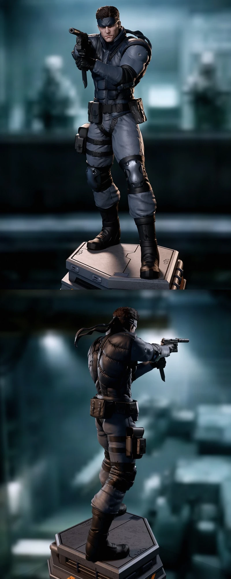 Solid Snake Metal Gear Solid figure holding a pistol on a display base