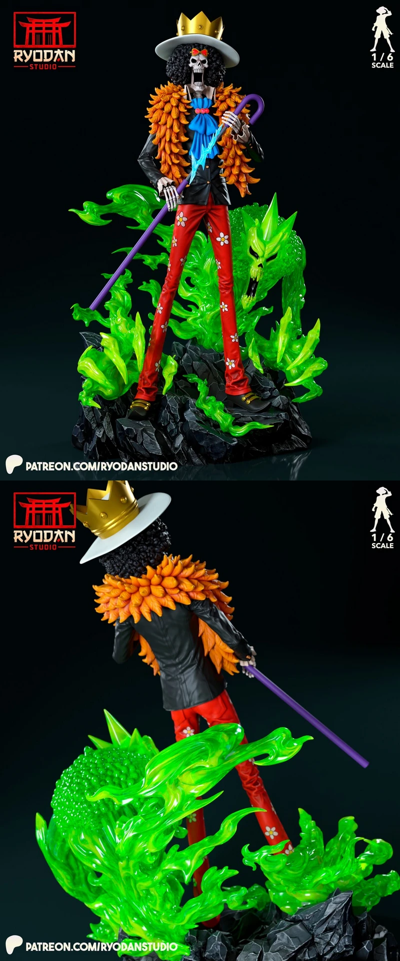 Brook from One Piece skeletal figure with crown hat, feathered coat, cane, and green spectral base