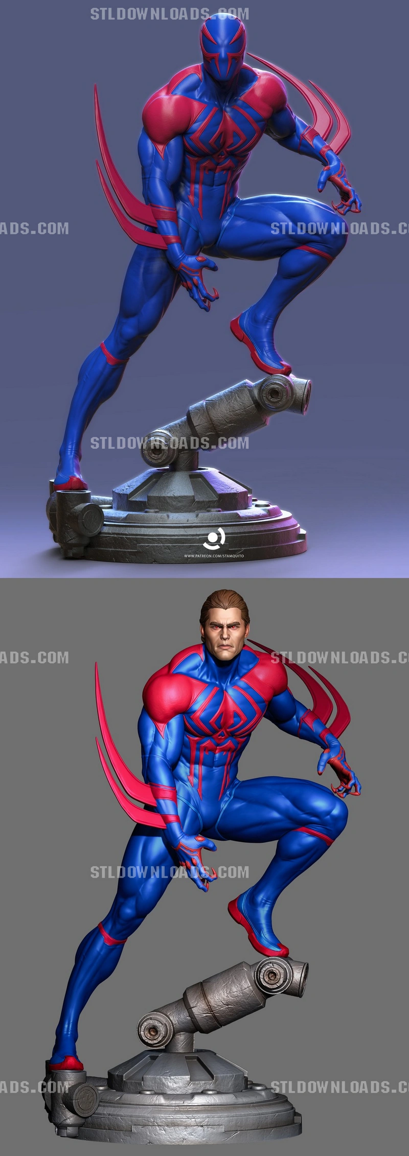 Spider-Man 2099 statue in a blue and red suit on a mechanical base