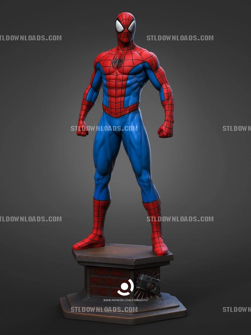 Full-body Spider-Man Marvel statue in a red-and-blue suit on a pedestal