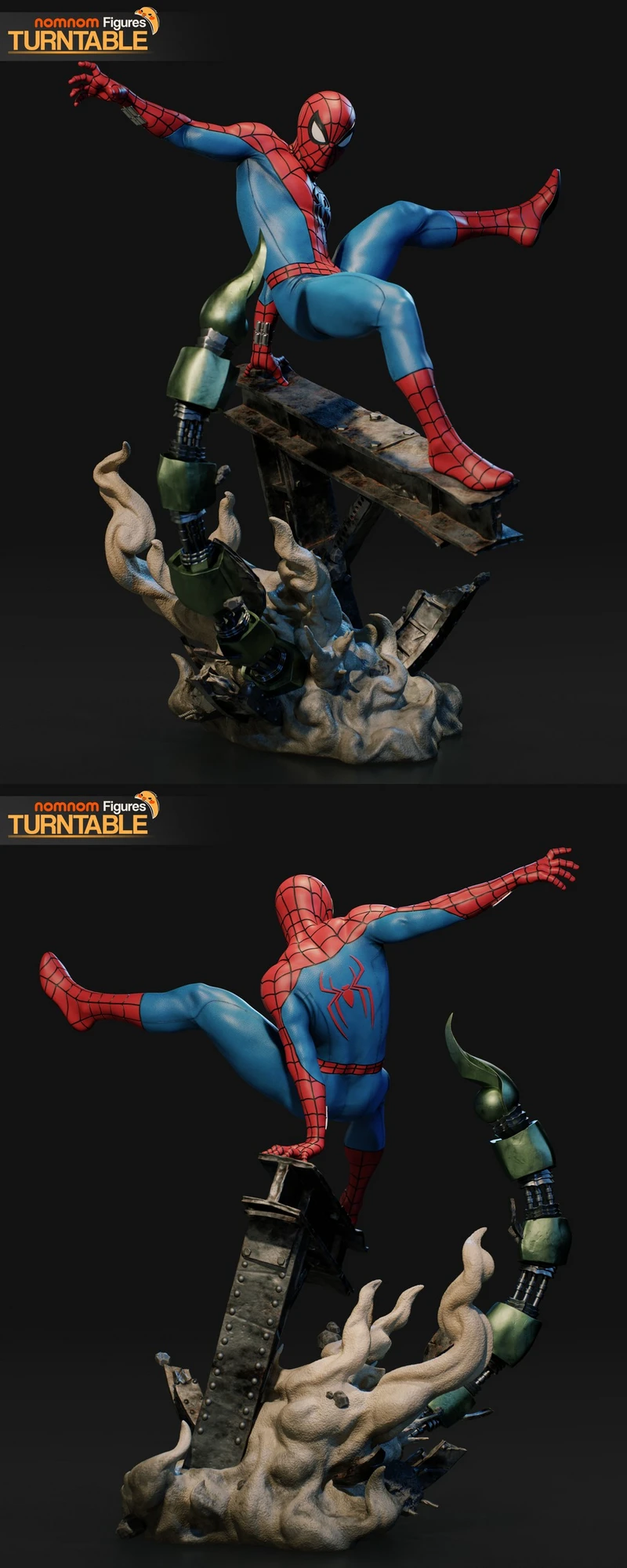 Spider-Man in a red-and-blue suit posed on a mechanical structure with tentacle-like forms
