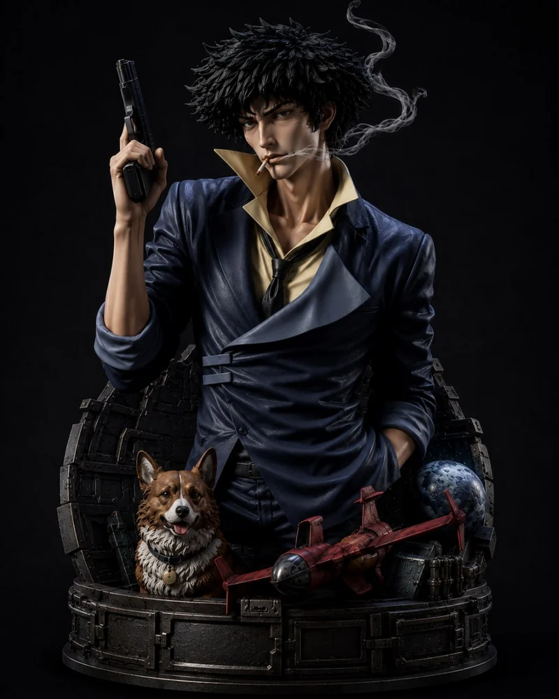 Spike from Cowboy Bebop holding a handgun beside a corgi and spacecraft on a display base