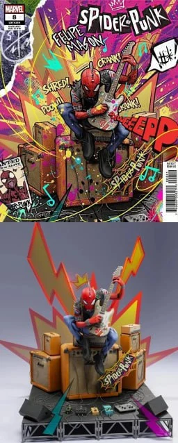 Marvel Spider-Punk seated with guitar on amplifiers in a punk concert display