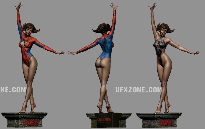 Spider-Girl Marvel figurine in a web-patterned costume on a pedestal