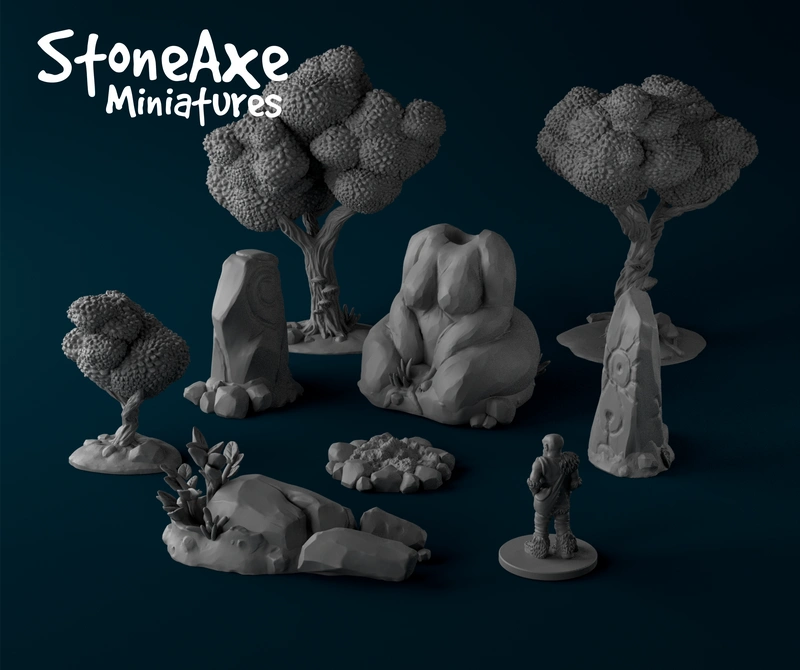 Fantasy tabletop terrain with trees, rocks, a standing stone, and a miniature figure