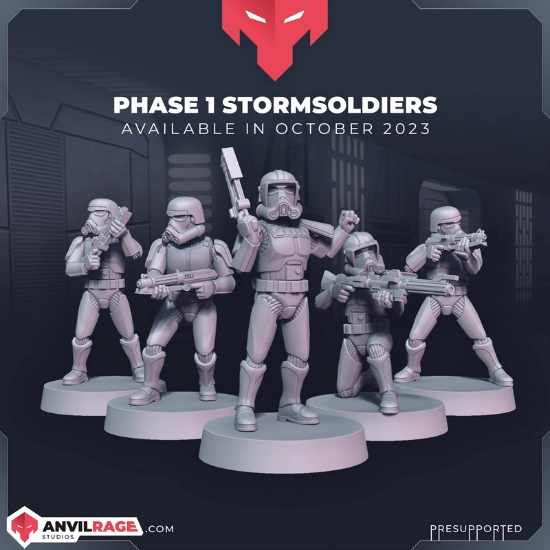 Five Phase I Star Wars Stormtrooper miniatures with weapons on round bases