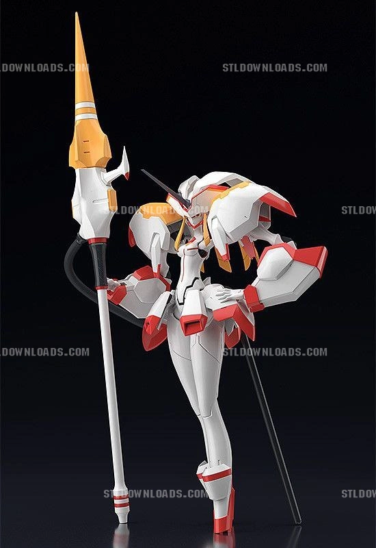 Strelizia from Darling in the Franxx, a white-and-red mecha with an orange horn and lance