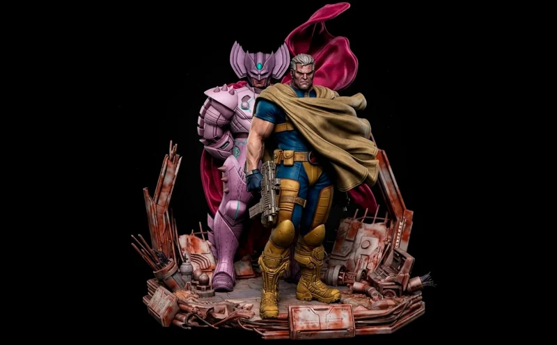 Stryfe and Cable Marvel diorama with armored figures on a ruined sci-fi base
