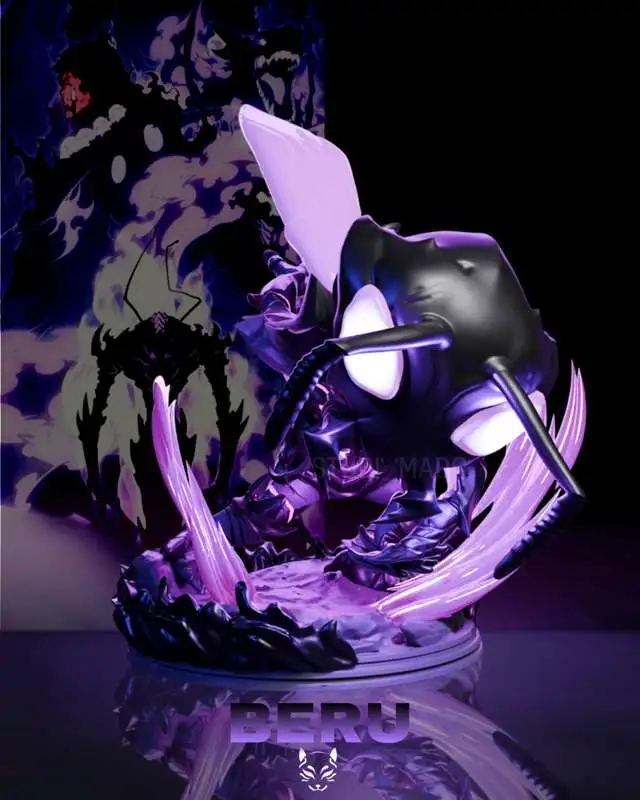 Stylized black and purple Beru Funko figure from Solo Leveling on a display base