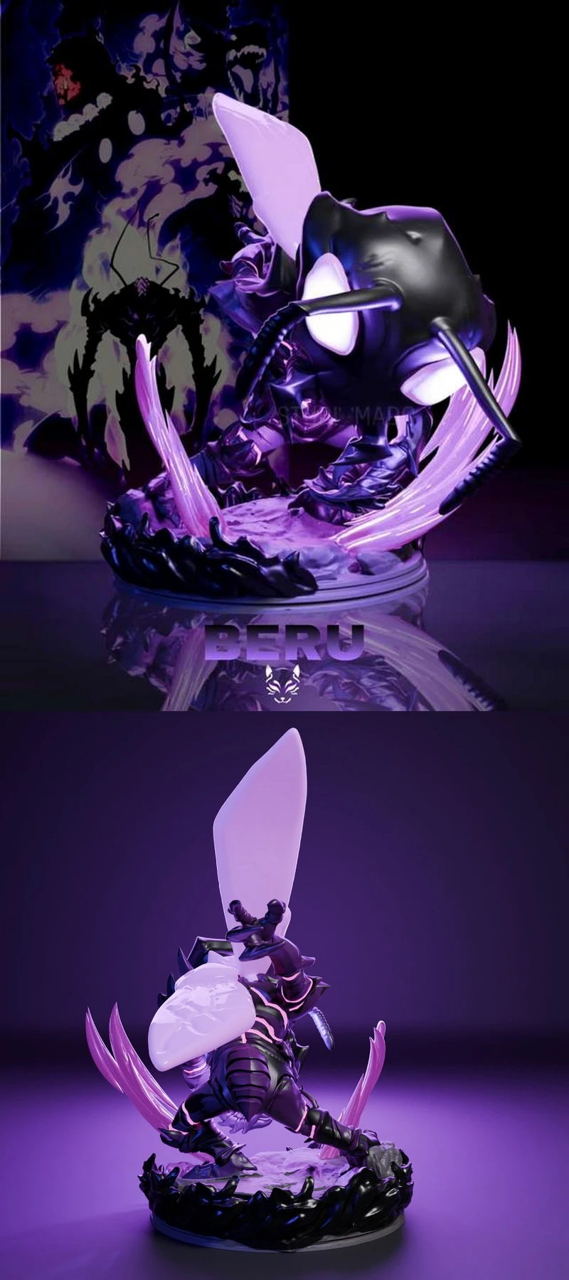 Beru Solo Leveling insectoid character statue with purple effects