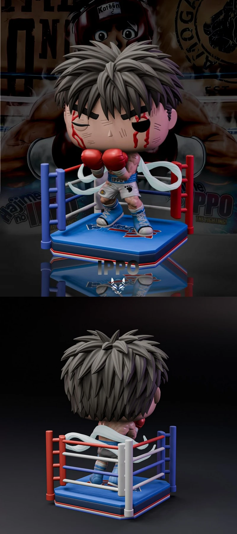 Chibi Ippo boxing figurine standing inside a colorful miniature ring