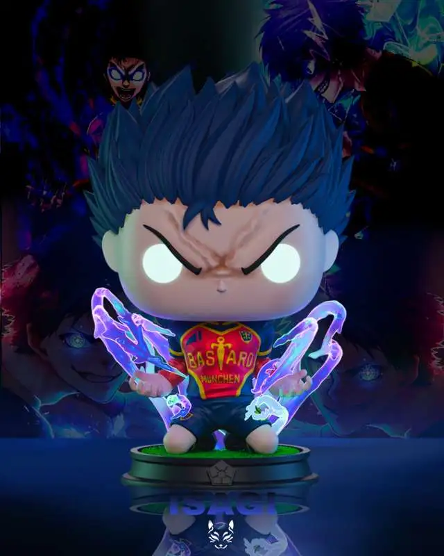 Chibi Yoichi Isagi Blue Lock figure with blue hair, energy effects, and a display base